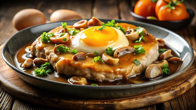 Steamed chop pork topping salty egg yolk with black mushroom in gravy sauce on plate
