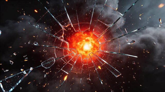 Shattered glass with fire and smoke