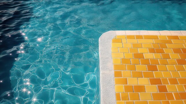 yellow tiled pool corner with white coping and sparkling turquoise water, sunlit ripples conveying inviting calm summer relaxation