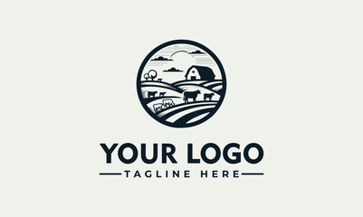 Vintage circle cattle farm logo vector illustration with barn and livestock © nuaari