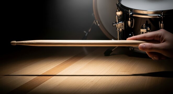 Drummer hand holding drumstick close up.