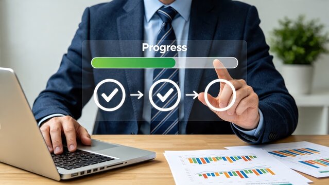 Professional businessman in suit touching virtual progress bar interface on laptop desk, workflow management concept, step by step process visualization