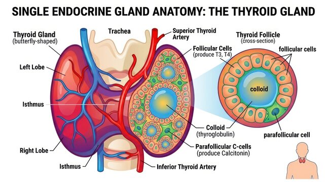 Butterfly shaped thyroid gland anatomy chart showing lobular structure and internal cells.