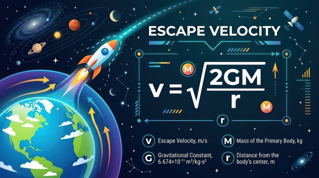 Digital illustration of escape velocity formula with planet and rocket in outer space art.