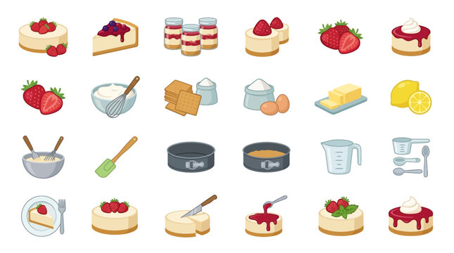 Strawberry cheesecake baking and recipe vector icon set