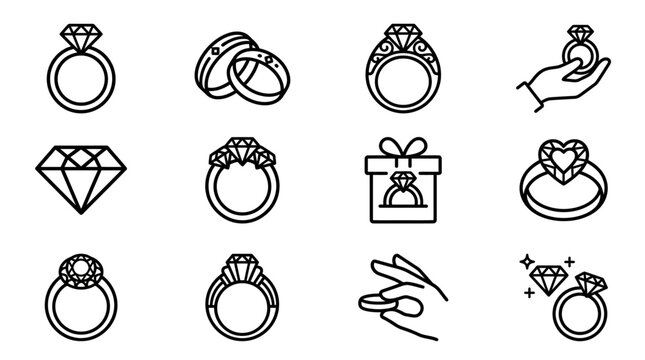 Wedding Ring and Jewelry Line Icon Set