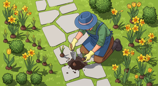 Vector illustration of a gardener planting yellow daffodil bulbs along a stone garden path.