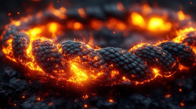 charred braided rope ring glowing with molten lava and embers, intense fiery heat and dramatic molten texture