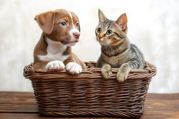 Obraz premium brown puppy and tabby kitten sitting side by side in a woven wicker basket on a wooden table sharing calm, curious companionship