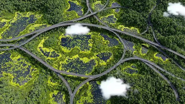 Aerial vista showcasing interwoven highways merging into a verdant landscape, a blend of nature and urban connectivity