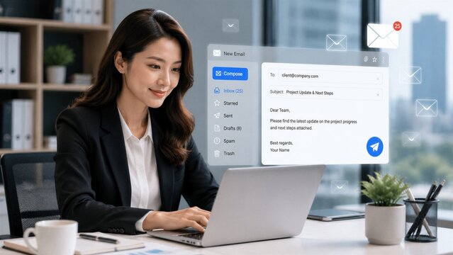 Businesswoman composing email on laptop in modern office