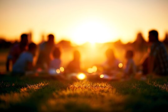 People having family picnic outdoors enjoying sunset