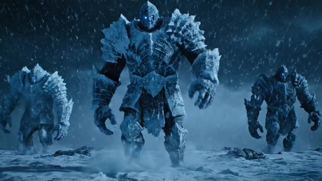 Three massive ice golems emerge from a snowy landscape.
