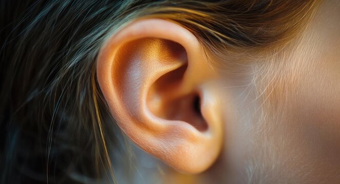 close-up of a person's ear and hair with soft lighting and an intimate calm mood