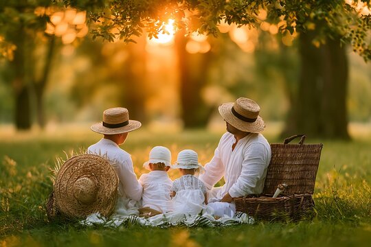 Family enjoying summer picnic at sunset in park