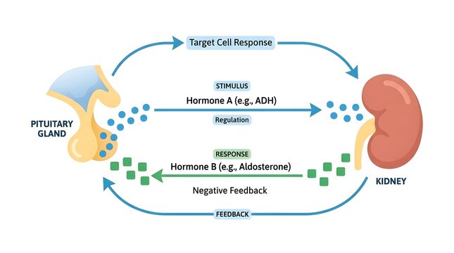 Diagram illustrating the hormonal regulation and negative feedback loop between the pituitary gland and the kidney, involving ADH and Aldosterone.