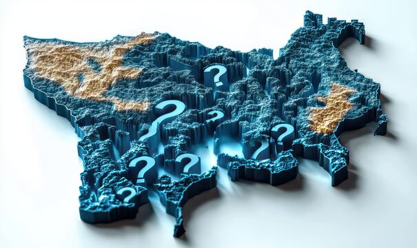 3d textured map of mexico with deep blue question mark cavities and golden terrain patches conveying uncertainty and mystery