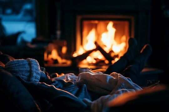 Person relaxing by warm fireplace on cold winter evening