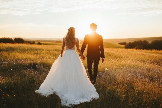 bride and groom walking hand in hand through a golden field at sunset in a romantic peaceful moment