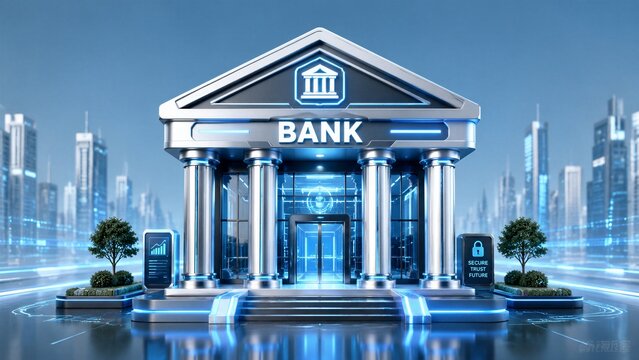 Bank building glowing with digital interface in futuristic city