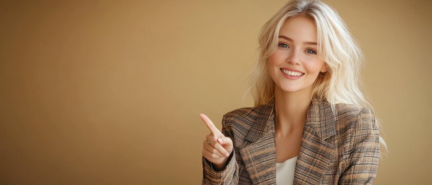 blonde woman with obscured face pointing with index finger in plaid blazer against warm beige background, assertive and expressive gesture