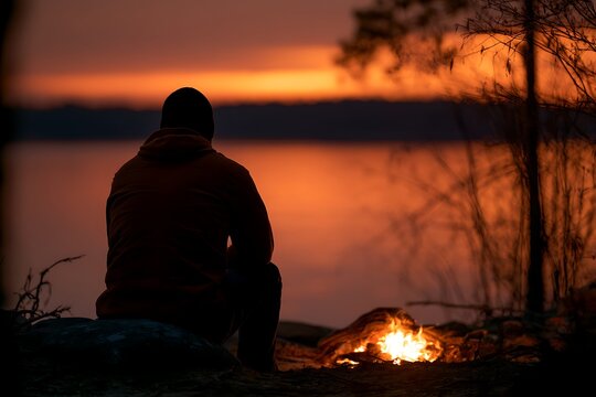 Person watching sunset by bonfire and lake
