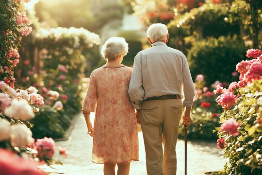Elderly couple walking through rose garden at sunset