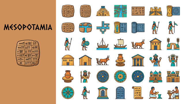 Ancient Mesopotamian civilization icons architecture, people, and artifacts from the cradle of civilization