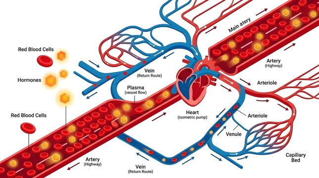 Detailed diagram of the human circulatory system showing heart, arteries, veins, capillaries, blood flow, red blood cells, plasma, and hormones.