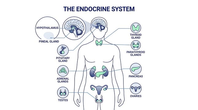 Detailed diagram illustrating the human endocrine system with major glands and their locations in the body.