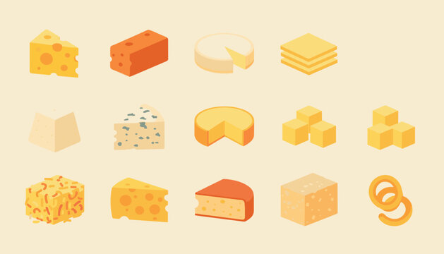 Assorted collection of various gourmet cheese types including wedges, cubes, slices, and wheels arranged as an isometric food icon set.