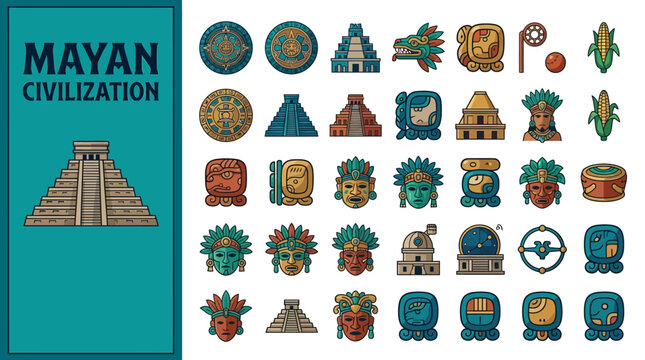 Collection of Mayan Civilization Icons and Symbols, Featuring Pyramids, Masks, and Ancient Artifacts