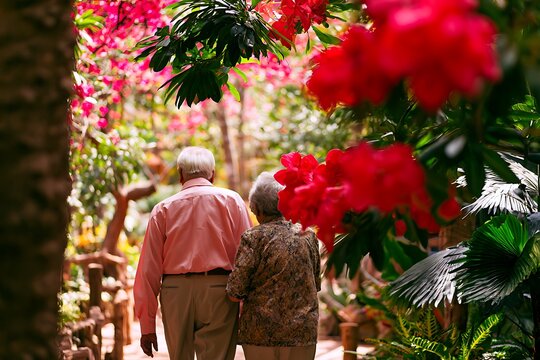 Senior couple walking through a lush flower garden enjoying retirement