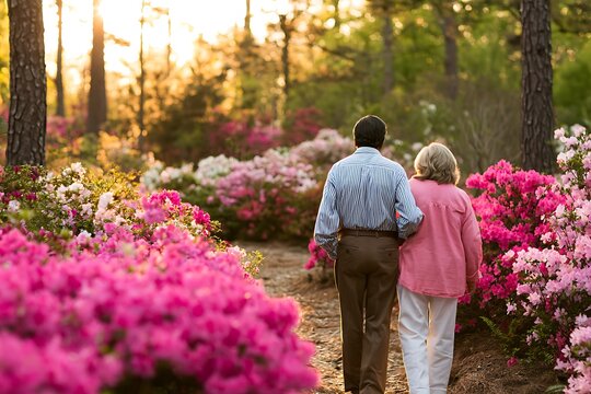 Senior couple walking arm in arm through azalea garden