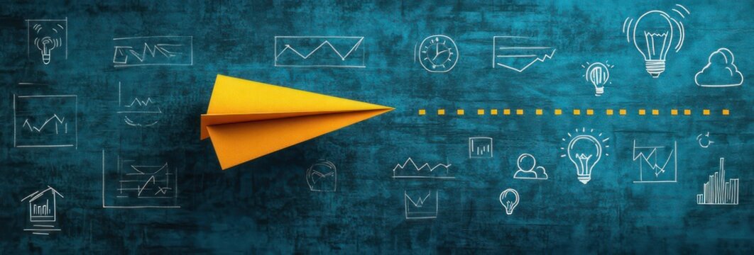 yellow paper airplane flying right across a textured teal background with dotted trail and white hand-drawn icons of light bulbs, charts, clocks and people conveying creativity and forward momentum