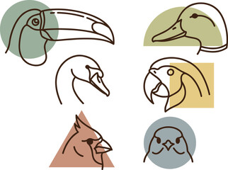 Fototapeta premium Minimalist Bird Head Outline Collection Featuring Toucan Duck Swan Parrot Cardinal and Chick Portrait Line Art Vector Set