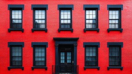 Fototapeta premium Symmetrical red brick building facade with ten black-trimmed windows and central black door with small balcony, bold contrast and orderly urban geometry