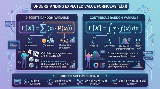 Graphical guide to expected value formulas for discrete and continuous random variables.