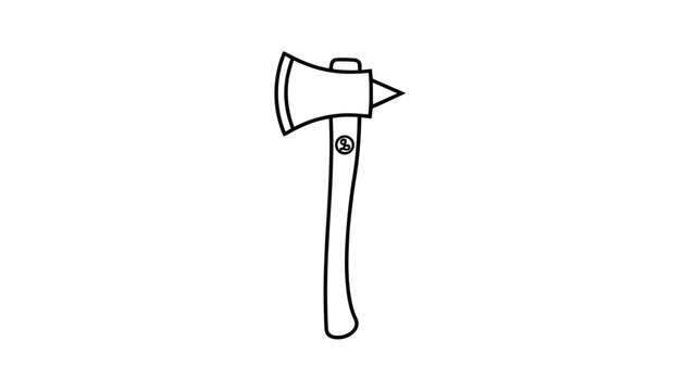 Simple line art drawing of a camping hatchet or axe with a wooden handle, isolated on a white background for survival and tool themes.