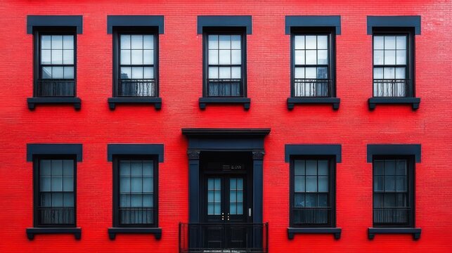 Symmetrical red brick building facade with ten black-trimmed windows and central black door with small balcony, bold contrast and orderly urban geometry