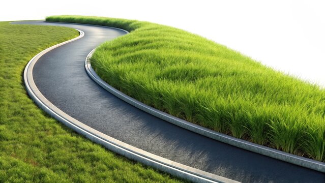 Curving asphalt road with grassy verge isolated on white background