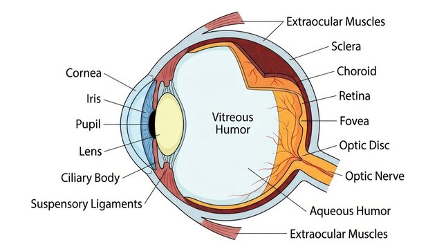 Human eye anatomy diagram cross section featuring internal structures for educational study.