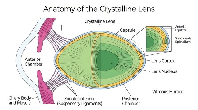 Crystalline lens anatomy with detailed view of lens capsule cortex nucleus and zonules.