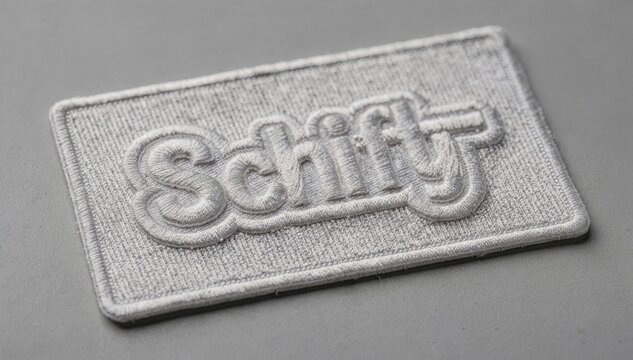 Medium shot capturing 3D padded logo embroidery in dense satin stitches creating a raised effect on massproduced Schiffli label fields.