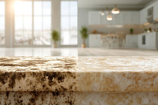Countertop cleaning and restoration before and after comparison