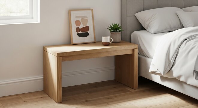 Minimalist Oak Wood Bench Table in Modern Bedroom Interior.