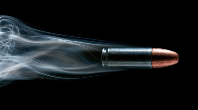 A single metallic bullet with a copper tip streaks through wisps of smoke