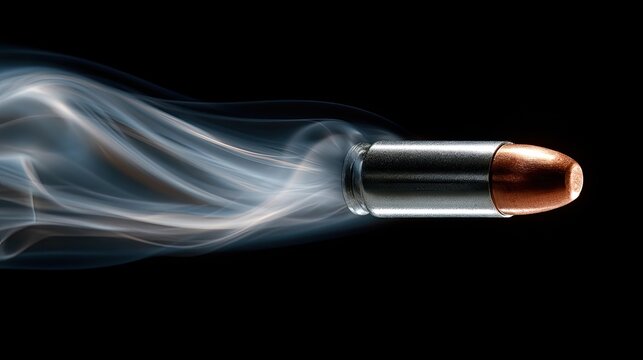 A speeding bullet trails wisps of smoke against a dark background