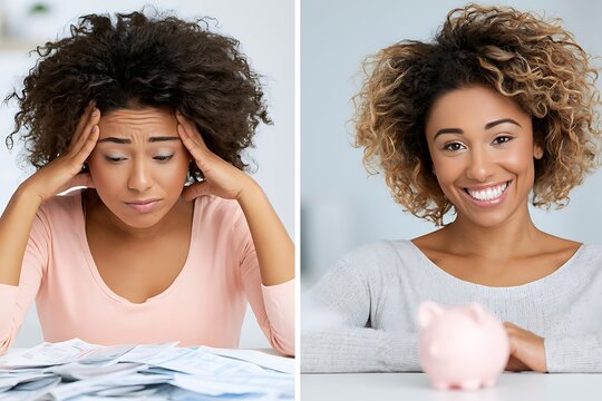 Woman comparing financial stress and money saving success