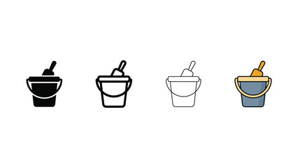 Collection of four sand bucket and shovel illustrations in different styles including solid fill outline and colored versions © Sharif